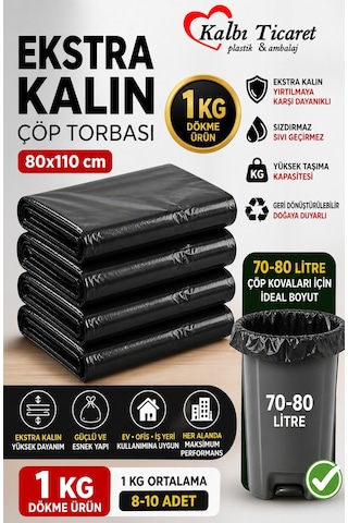 Ekstra Kalın Çöp Torbası 80x110 Cm Siyah Çöp Poşeti 1 Kg Dökme