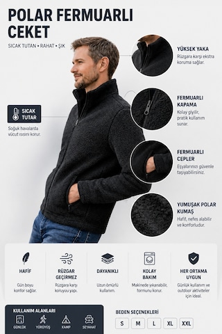 Luxıc Core Erkek Peluş Mont Slim Fit Dik Yaka Fermuarlı Cepli Günlük Spor Ceket Siyah