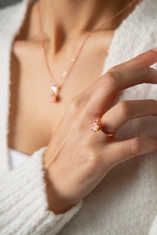 Kadın Rose Kaplama Beyaz Taşlı Lotus Çiçeği Kolye Yüzük  Set Rose Gold