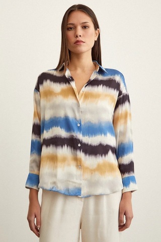 Kadın Uzun Kol Sulu Boya Desenli Renkli Pamuk Saten Premium Kalite Spor Şık Gömlek Mavi