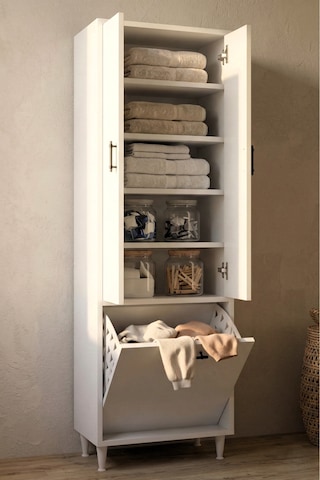 Kapadokya 2 Kapaklı Çok Amaçlı Dolap Kirli Çamaşır Sepetli Banyo Çamaşır Dolabı Beyaz