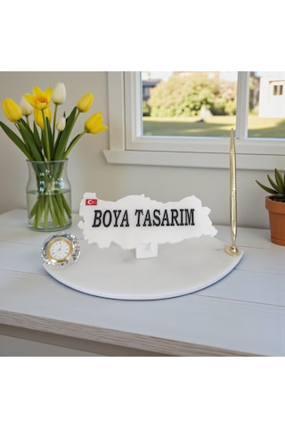 Doğal Beyaz Mermer Sümen Masa İsimliği Gold Detaylı Saat Ve Kalemli