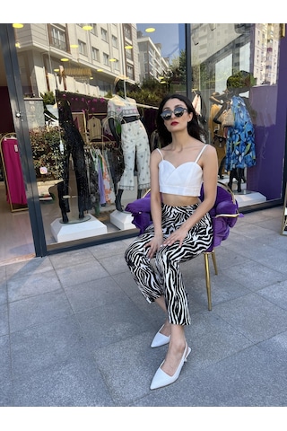 Zebra Desen Yüksek Bel Rahat Pantolon - Zebra Desen -136 Beyaz