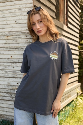 Velvoria Unisex Oversize Relaxed Home Is Where Baskılı Antrasit Renk T-shirt