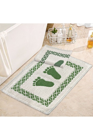 Soffy Krem & Yeşil 2 Adet 50x70 Cm Banyo Paspası %100 Doğal Pamuk Ayak Paspası Ayak Havlusu Krem - Yeşil