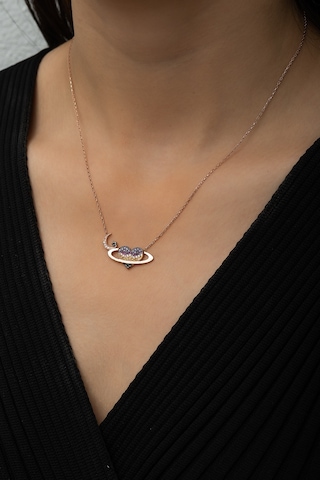 Papatya Silver Satürn Kuşaklı Kalp Ay Yıldız Bayrak Kolye Rose Gold Kaplama 925 Ayar Gümüş, UVPS100493