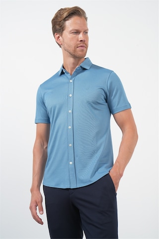 İmza Mavi İtalyan Yaka Kısa Kol Cepsiz Slim Fit Pamuklu Gömlek 1004260158 Koyu Mavi
