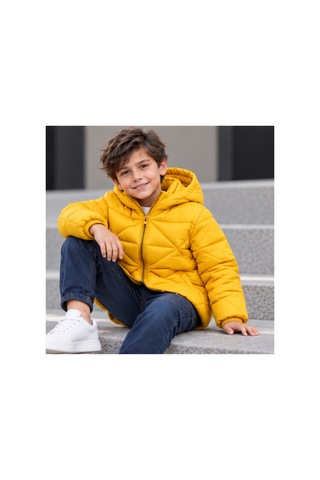 Maxx Kleın Erkek Çocuk Sarı Kapüşonlu Şişme Mont Geometrik Kapitone Desenli Fermuarlı Cepli Modern Günlük Dış Giyim 6-8-10-12-14 Yaş