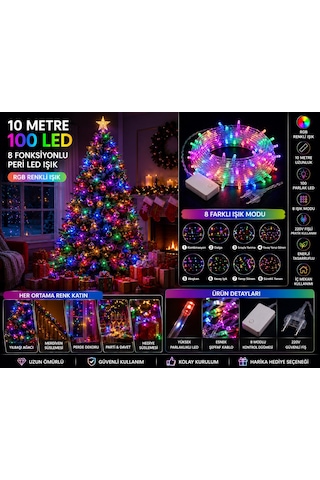 Rgb Renkli Peri Led Işık 8 Fonksiyon 10 Metre 100 Ledli Dekoratif Yılbaşı Ağacı Parti Ev Oda Süsleme Diğer