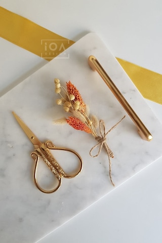 Söz Nişan Makası Altın Renk Turuncu Beyaz Kuru Çiçek Demeti