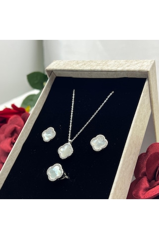 Van Cleef Yonca Beyaz Taşlı Kadın 3'lü Seti 925 Ayar Gümüş Radyumlu 12 Mm Gümüş