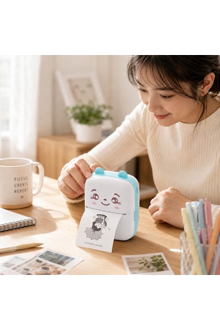 İpixi - Bluetooth Mini Sevimli Mobil Mavi Yazıcı