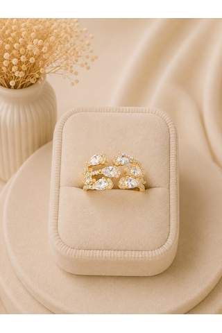 Valmont Accessories Kadın Gold Renk Beyaz Damla Taşlı Çok Sıralı Yüzük