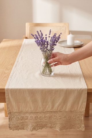 Oxford Lacy Pamuklu Dantelli Runner 40x150 Cm Bej