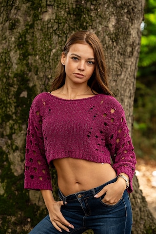 Verdeblanco Yırtık Detaylı Örme Crop Top Mürdüm