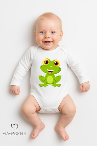Babyden's Sevimli Hayvan Figürlü %100 Pamuk Uzun Kollu Çıtçıtlı Bebek Body Kurbağa Beyaz