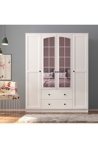 Side Rose 4 Kapak 2 Çekmece Aynalı Gardırop Beyaz
