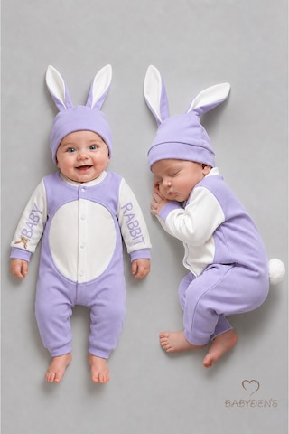 Babyden's Tavşan Kulaklı Yenidoğan Tulum Seti %100 Pamuklu Ayarlanır Ponponlu Kız Bebek Tulum Şapka Set Lila