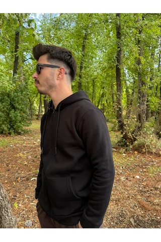 Erkek Oversize Kapüşonlu Tam Fermuarlı Kanguru Cepli Şardonlu Sweatshirt SIYAH