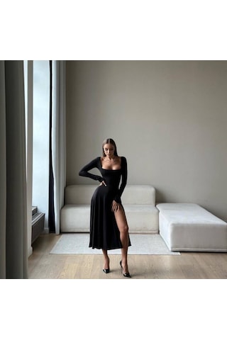 Kadın Kare Yaka Derin Göğüs Ve Bacak Dekolteli Midi Boy Elbise Siyah