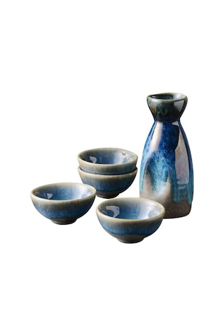 Uziqueif Japon Sake Seti, 5 Parça El Boyaması Seramik Sake Servis Seti, 4 X 30 Ml Bardak + 1 X 130 Ml Tencere Servis Setleri Lacivert