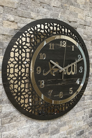 Hşap Ve Aynalı Allah-muhammed Motifli Duvar Saati Sessiz Saat D Antrasit - Gümüş