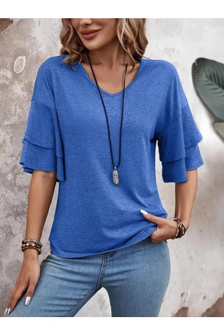 Yeni Sezon Kadın V Yaka Kısa Kollu Viskon Bluz