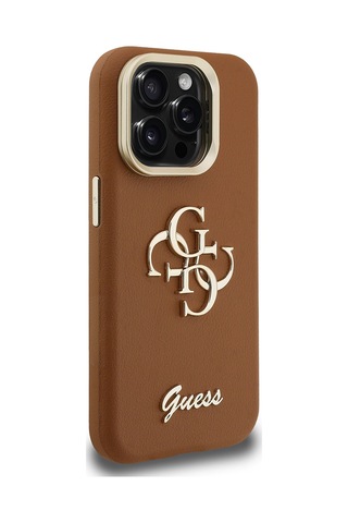 Apple iPhone 15 Pro Max Uyumlu Kılıf Guess Lisanslı Grained Yazı Logolu Kamera Standlı Kapak Kahverengi