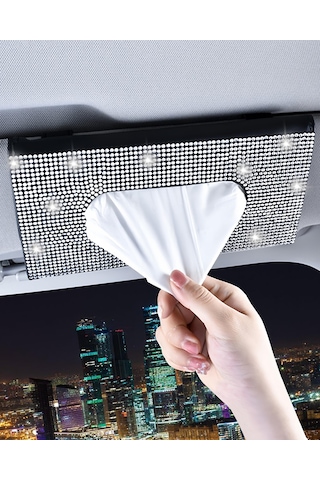 Maiyame Siyah Deri Beyaz Kristal Taşlı Otomobil Güneşlik Kağıt Havlu Kutusu Tutucu