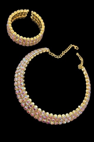 Caş Dekorasyon Altın Renk Taşlı Choker Kolye Ve Bileklik Set Altın