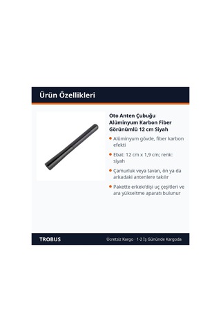Trobus Oto Anten Çubuğu Alüminyum Karbon Fiber Görünümlü 12 Cm Siyah