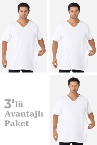 Astrid T Delux Serisi Kombin Casual Tarz 3'lü Paket Beyaz Erkek V Yaka Kısa Kollu Büyük Beden Beyaz-3