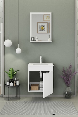Biani Fix Arya 55 Cm Banyo Dolabı,Seramik Lavabolu, Aynalı,Lavabo Dahil,Mdf,Mat Beyaz