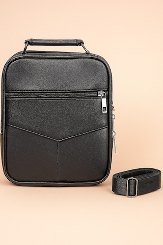 Newish Polo Erkek Siyah Deri Postacı Kasalı El Omuz Çantası Orta - Siyah