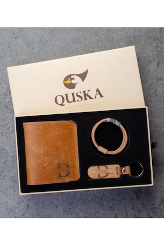 Quska Kişiye Özel İsimli El Yapımı Hakiki Deri Taba Cüzdan+anahtarlık+bileklik Set - Grain Fold Taba