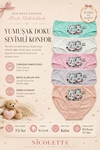 Nicoletta Kız Çocuk Külot 5 Li Paket Pamuklu Likralı Kedi 140749 Çok Renkli