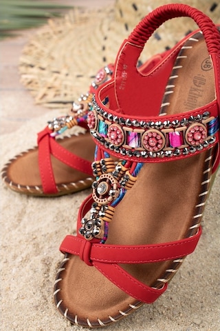 Khayt Anatolia Anatomik Fashion Taşlı Günlük Kadın Sandalet Kırmızı