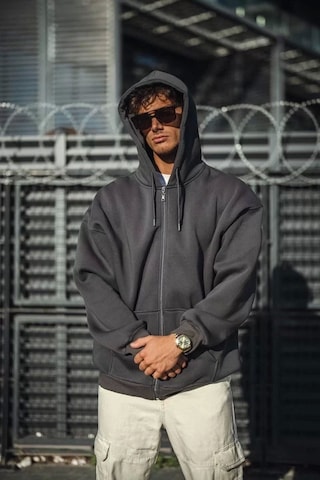 Oversize Tam Fermuarlı Uzun Kol Hırka - Füme Füme