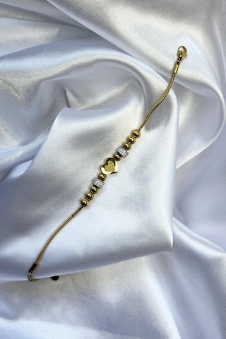 Altın Renk Kaplama Zirkon Taşlı Halka Ve Sim Detay Kalpli Kadın Çelik Bileklik - Altın