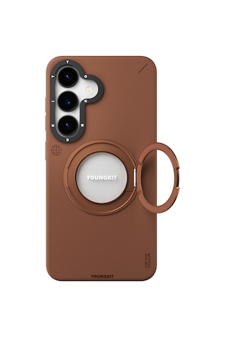 Galaxy S25 Kılıf Magsafe Uyumlu 360 Standlı Mat Deri Youngkit Tech Leather Kapak Kahverengi