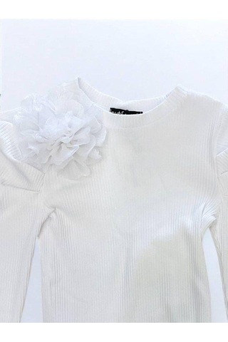 Kız Çocuk Kol Detaylı Çiçekli Fitilli Bluz-14802 Beyaz