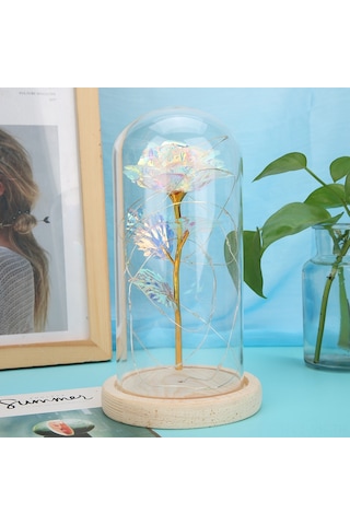 Vkemall Renkli Led Işıklı Cam Kapaklı Altın Folyo Gül Dekoratif Ayna, Oda Dekoru Ve Gece Lambası, Ahşap Tabanlı, 20 Led Işık, Pil Gerektirir Pil Dahil Değil Renkli