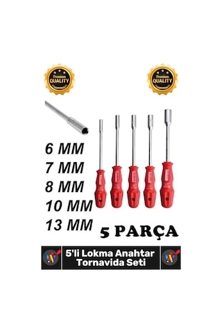 Lokmaanahtar Krom İçi Boş Şaftlı 6 7 8 10 13 Mm Metal Altıgen 5 Adet Lokma Anahtar Tornavida Seti