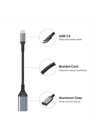 Ga90 Type-c To Usb 3.0 5gbps Hız Otg Adaptör Alüminyum Kasa Örgü Kablo İ-phone 15 Ve Üstü