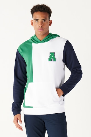 AC&Co / Altınyıldız Classics ERKEK BEYAZ YESIL Standart Fit Normal Kesim Kapüşonlu Pamuklu Çizgili Sweatshirt Beyaz