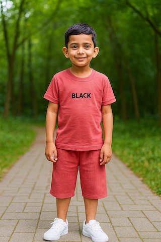 Black Baskı Fitillli Şortlu Basic Kız Erkek Çocuk Yazlık Şortlu Takım Nar Çiçeği