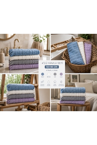 4'lü El Ve Yüz Havlusu Seti 50x90 Cm Pamuklu Yumuşak Dokulu Yüksek Su Emici Günlük Kullanım Premium Kalite Mavi