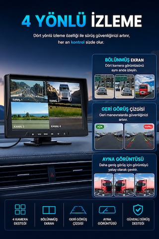 10'' Inç Monitörlü 4 Kameralı Tır Kamyon Otobüs Servis İçin Kablosuz Araç Seti