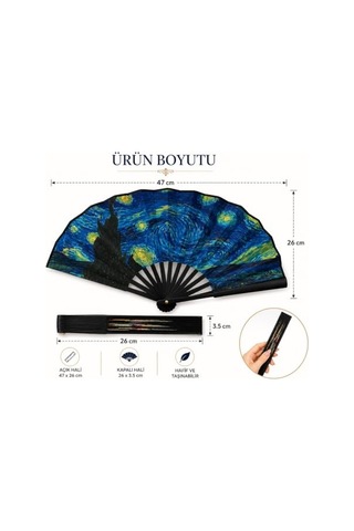 Yıldızlı Gece Desenli Katlanabilir El Yelpazesi Japon Stil El Fanı Hafif Taşınabilir Yazlık Serinletici Dekoratif Yelpaze 47x26 Cm
