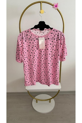 Siyah Kalpli Pembe Kısa Kol Pijama Takımı Pembe